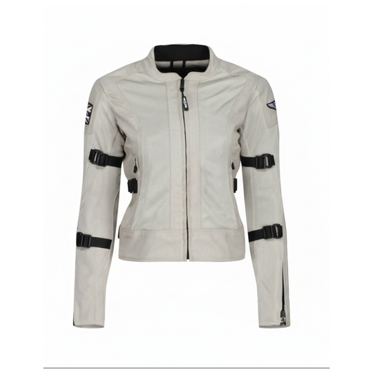 MotoGirl Jodie women's natural beige mesh motorcycle jacket, front view, featuring breathable mesh panels, full-length front zipper, adjustable black arm straps and zippered cuffs.