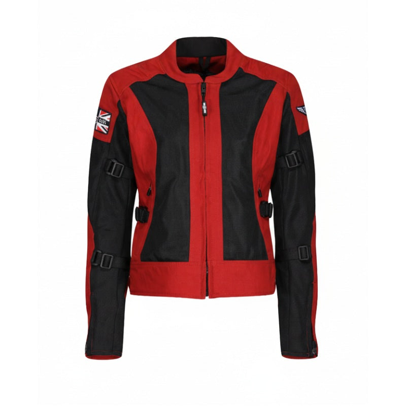 Front view of the MotoGirl Jodie women's motorcycle jacket in red and black, featuring mesh panels, adjustable sleeve straps, waist adjusters and a front zipper.