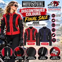 MotoGirl Jodie women's motorcycle jacket final sale at Yukon Moto Gear & Apparel. Featuring discontinued Red/Black and Blue/Black colours, with a female rider modelling the red jacket and product images showing both colour options.