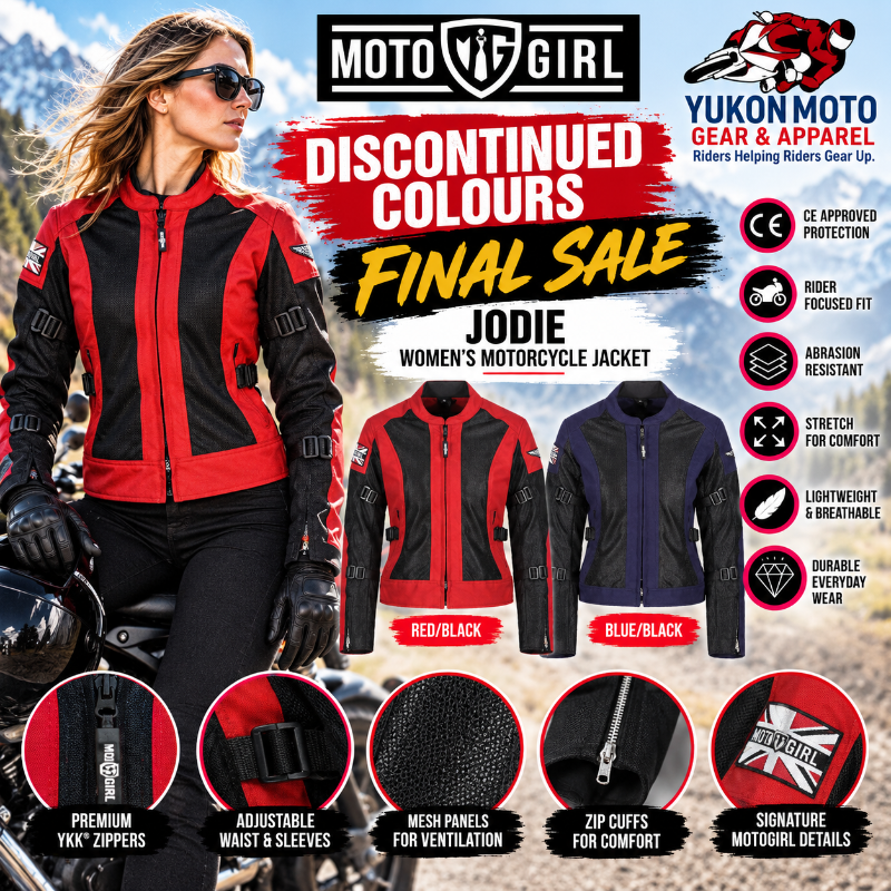 MotoGirl Jodie women's motorcycle jacket final sale at Yukon Moto Gear & Apparel. Featuring discontinued Red/Black and Blue/Black colours, with a female rider modelling the red jacket and product images showing both colour options.
