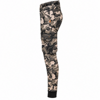 Side view of MotoGirl LARA women's camo cargo motorcycle pants showing camouflage fabric, adjustable waistband, cargo pocket, reinforced knee stitching and black ribbed ankle cuff.