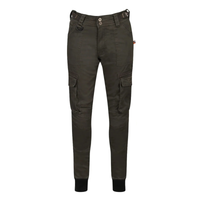 Front view of MotoGirl LARA women's cargo motorcycle trousers in Olive Green. These CE Class A protective riding pants feature a durable cotton and Kevlar® reinforced construction, adjustable waist tabs, large cargo pockets, reinforced knee panels, ribbed ankle cuffs, and include Level 2 knee and hip armour for everyday riding, commuting, and adventure touring.