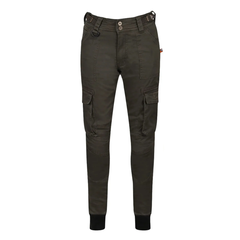 Front view of MotoGirl LARA women's cargo motorcycle trousers in Olive Green. These CE Class A protective riding pants feature a durable cotton and Kevlar® reinforced construction, adjustable waist tabs, large cargo pockets, reinforced knee panels, ribbed ankle cuffs, and include Level 2 knee and hip armour for everyday riding, commuting, and adventure touring.