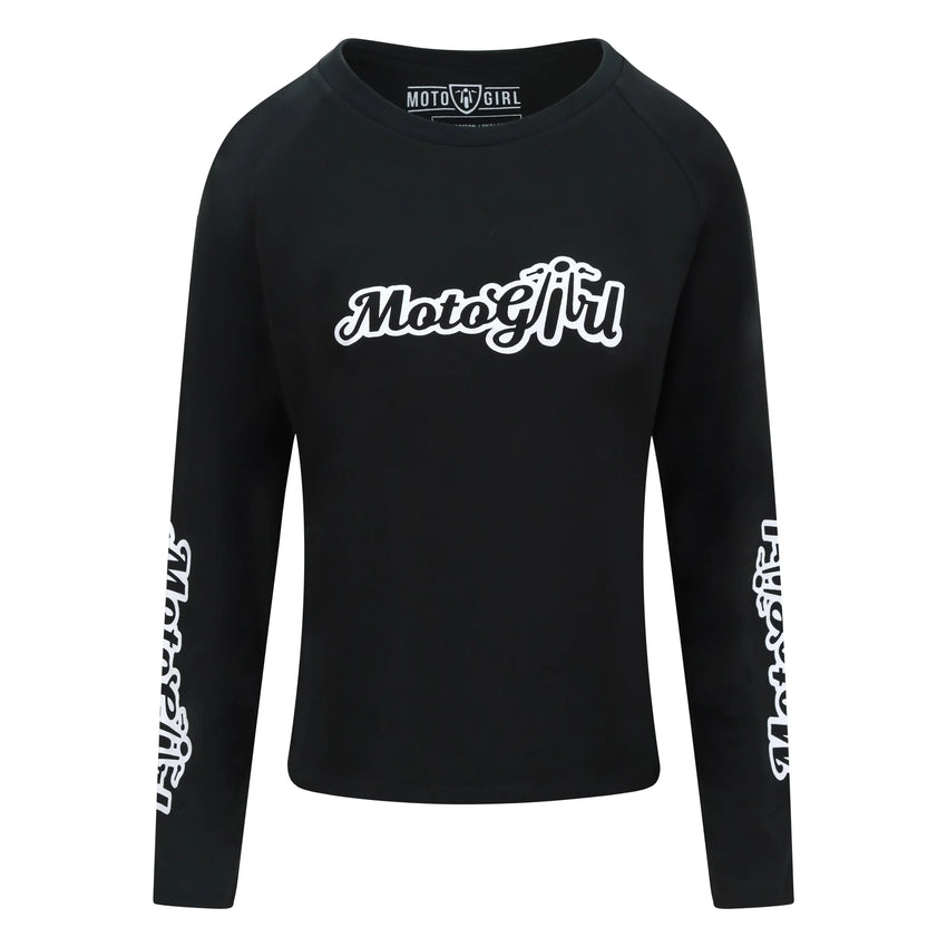 Black long-sleeve shirt with 'MotoGirl' logo on a white background