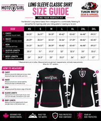 A sizing guide infographic for the Moto Girl Long Sleeve Classic Shirt by Yukon Moto Gear, showing size measurements in inches for XS through 3XL, with a black cycling jersey illustration displaying labeled measurement points A through E.