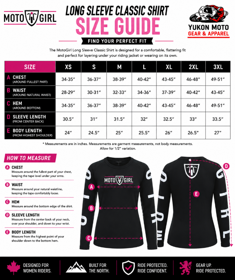 A sizing guide infographic for the Moto Girl Long Sleeve Classic Shirt by Yukon Moto Gear, showing size measurements in inches for XS through 3XL, with a black cycling jersey illustration displaying labeled measurement points A through E.