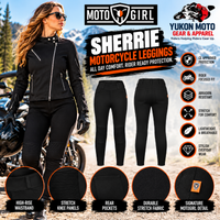 MotoGirl motorcycle leggings advertisement featuring a female rider wearing black protective leggings and the MotoGirl Sherrie Jacket, with front and back product views, riding features, and Yukon Moto Gear & Apparel branding.