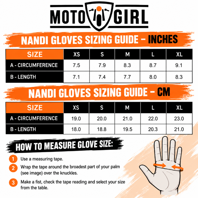 MotoGirl NANDI Winter Motorcycle Gloves Canada Size Chart