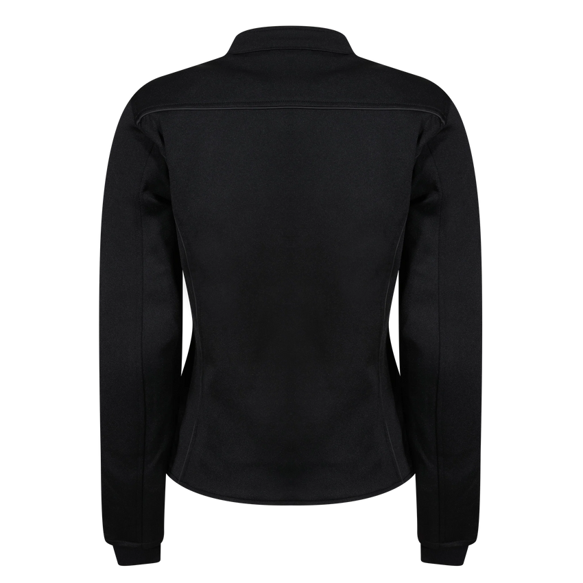 a black Motogirl Sherrie motorcycle jacket back view on a white background