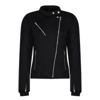 A black motorcycle jacket with a mandarin collar, front zip closure, and various pockets, fitted with elbow and shoulder protectors.