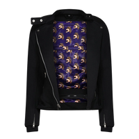 A black motorcycle jacket with a mandarin collar, showing the purple inside liner with design, front zip closure, and various pockets, fitted with elbow and shoulder protectors.
