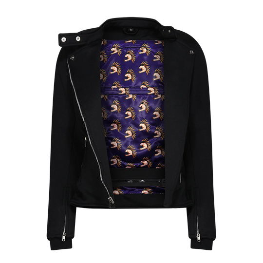 A black motorcycle jacket with a mandarin collar, showing the purple inside liner with design, front zip closure, and various pockets, fitted with elbow and shoulder protectors.