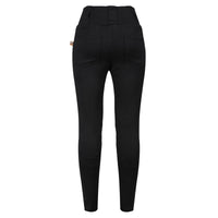 Back view of MotoGirl Sherrie black motorcycle leggings featuring a high-rise waistband, belt loops, two rear pockets, slim-fit legs and a small orange MotoGirl label.