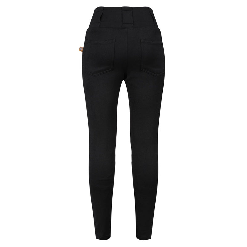 Back view of MotoGirl Sherrie black motorcycle leggings featuring a high-rise waistband, belt loops, two rear pockets, slim-fit legs and a small orange MotoGirl label.