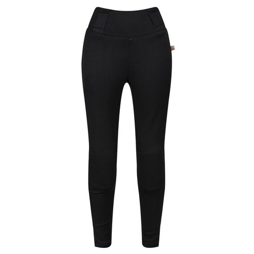 Front view of MotoGirl Sherrie black motorcycle leggings featuring a high-rise waistband, belt loops, ribbed stretch knee panels, slim-fit legs and a small orange MotoGirl label.