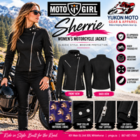MotoGirl Sherrie women's black motorcycle jacket ad featuring a standing rider, front and back jacket views, signature lining, zippered cuffs, snap collar and YMGA branding.