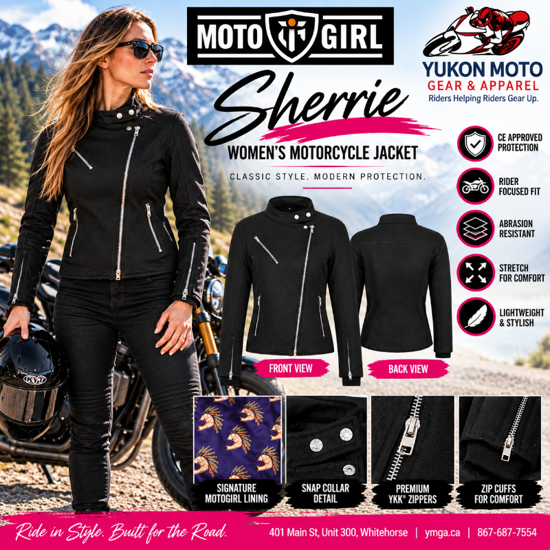 MotoGirl Sherrie women's black motorcycle jacket ad featuring a standing rider, front and back jacket views, signature lining, zippered cuffs, snap collar and YMGA branding.