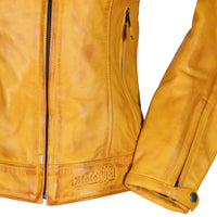 a Motogirl branded Yellow Valerie Leather Motorcycle jacket showing the waist with branding and cuff on a white background 