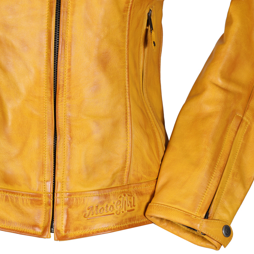 a Motogirl branded Yellow Valerie Leather Motorcycle jacket showing the waist with branding and cuff on a white background 