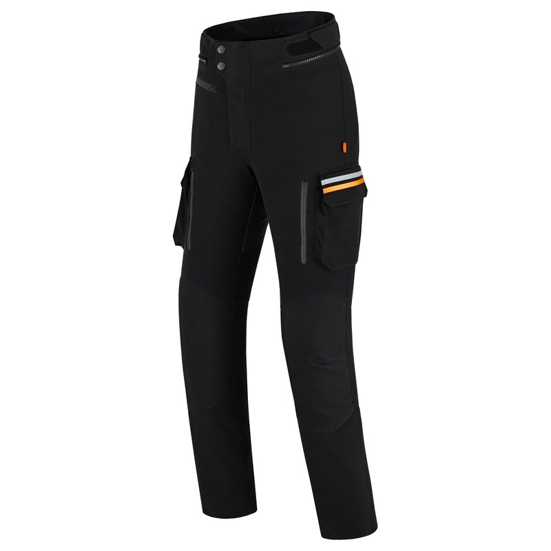 Side view of black MotoGirl Vanessa women's motorcycle cargo trousers featuring zippered pockets, cargo pockets, reflective orange and silver detailing, and reinforced knee panels.