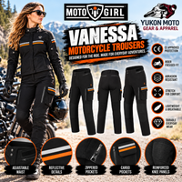 MotoGirl Vanessa women's black motorcycle trousers featured alongside a female rider wearing the matching MotoGirl jacket. Advertisement highlights cargo pockets, reflective orange and silver details, adjustable waist, zippered pockets and reinforced knee panels. Available at Yukon Moto Gear & Apparel.