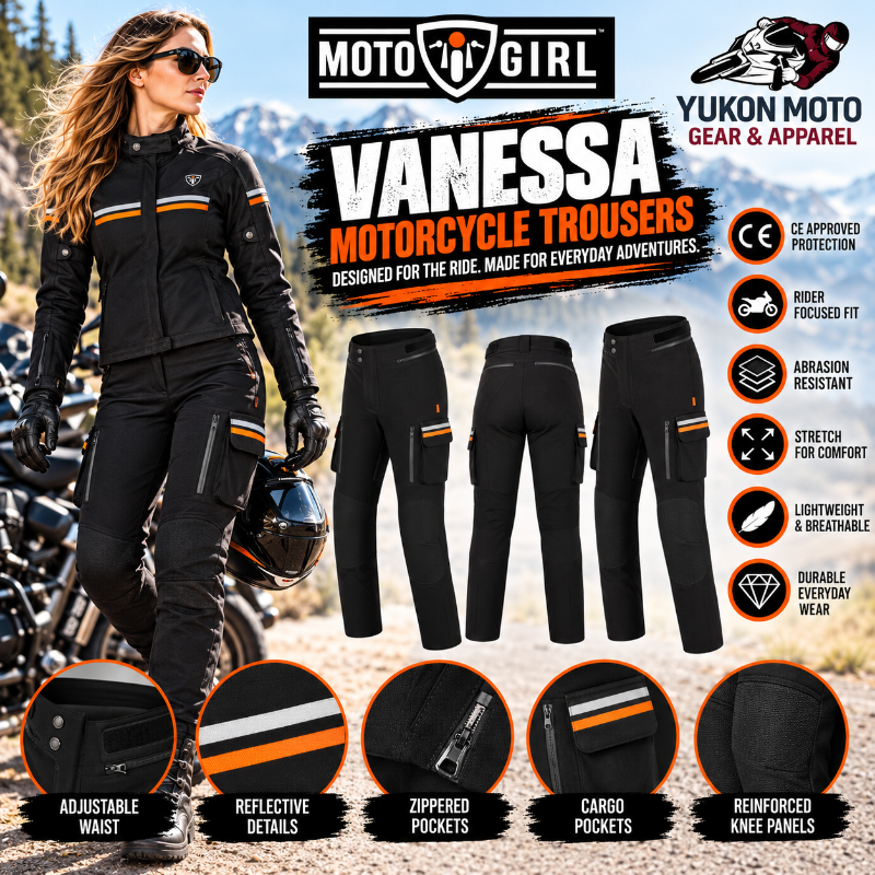 MotoGirl Vanessa women's black motorcycle trousers featured alongside a female rider wearing the matching MotoGirl jacket. Advertisement highlights cargo pockets, reflective orange and silver details, adjustable waist, zippered pockets and reinforced knee panels. Available at Yukon Moto Gear & Apparel.