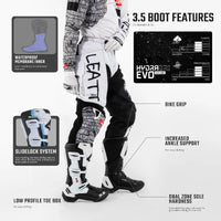 LEATT 3.5 MX motocross boot features infographic showing a rider wearing the boots with waterproof membrane, SlideLock closure system, low-profile toe box, bike grip, increased ankle support and dual-zone sole hardness.