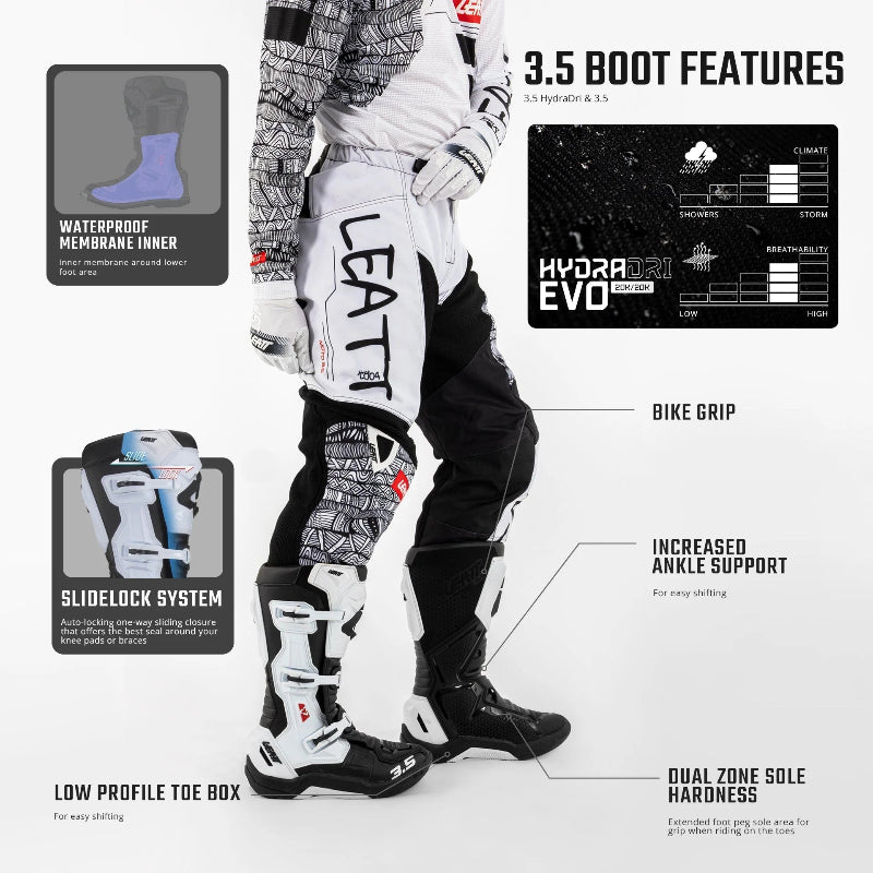LEATT 3.5 MX motocross boot features infographic showing a rider wearing the boots with waterproof membrane, SlideLock closure system, low-profile toe box, bike grip, increased ankle support and dual-zone sole hardness.