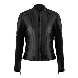 Front view of the MotoGirl AMELIA women's black leather motorcycle jacket featuring premium semi-aniline cowhide leather, quilted shoulders, stretch side panels, a flattering tailored fit, zippered hand pockets, and a minimalist all-black design.