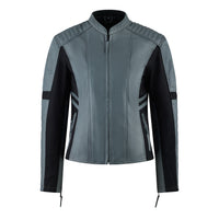 Motogirl Amelia Leather Motorcycle Jacket in Grey with black accents and visible zippers on arms with a white background