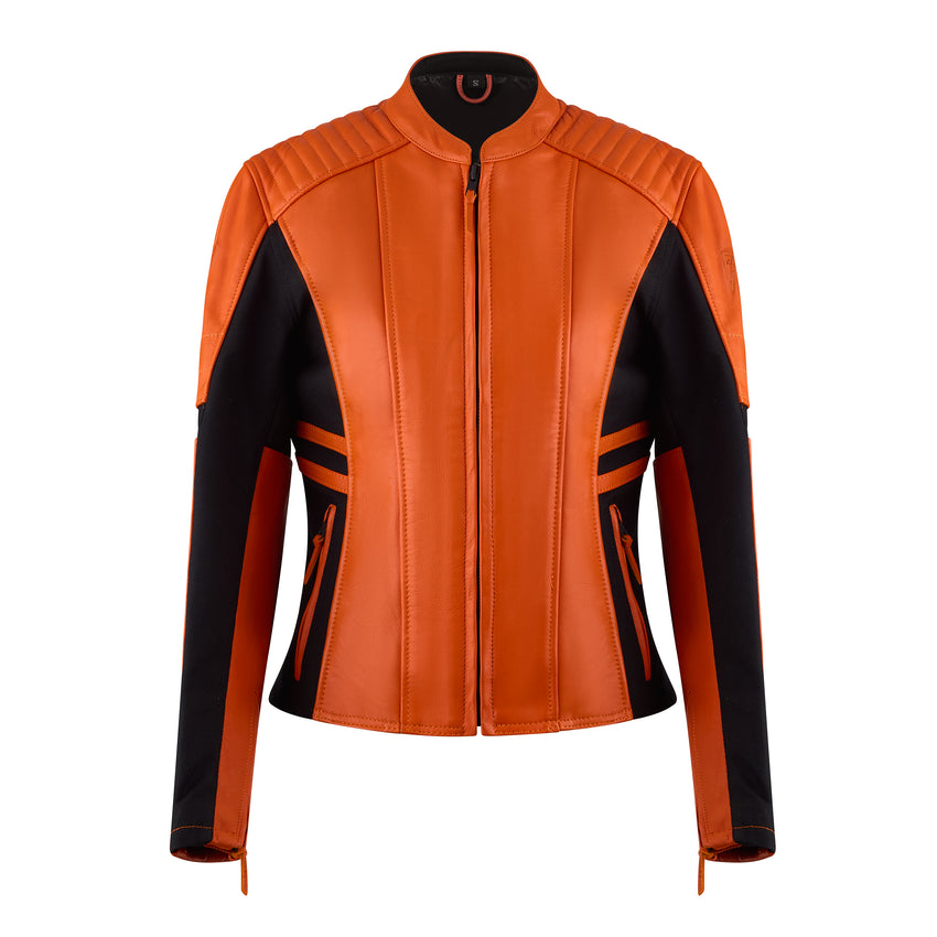 Motogirl Amelia Leather Motorcycle Jacket in orange with black accents and visible zippers on arms with a white background