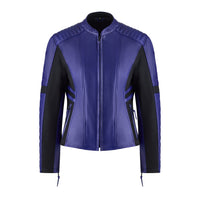 Motogirl Amelia Leather Motorcycle Jacket in purple with black accents and visible zippers on arms with a white background