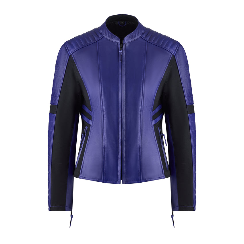 Motogirl Amelia Leather Motorcycle Jacket in purple with black accents and visible zippers on arms with a white background