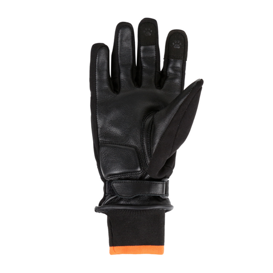 Close-up view of the MotoGirl Amina Women's Motorcycle Glove showcasing the premium genuine leather palm with reinforced palm padding for improved grip and abrasion resistance. The glove features a secure hook-and-loop wrist closure, a comfortable stretch knit cuff with a high-visibility orange accent, touchscreen-compatible fingertips, and flexible textile construction for comfort, protection, and all-season motorcycle riding.