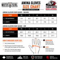MotoGirl Amina Women's Motorcycle Gloves size chart showing glove measurements in both inches and centimeters for sizes XS to XL. The chart includes hand circumference and hand length measurements, along with illustrated instructions demonstrating how to measure around the knuckles for circumference and from the base of the palm to the tip of the middle finger for length, helping riders choose the correct glove size.