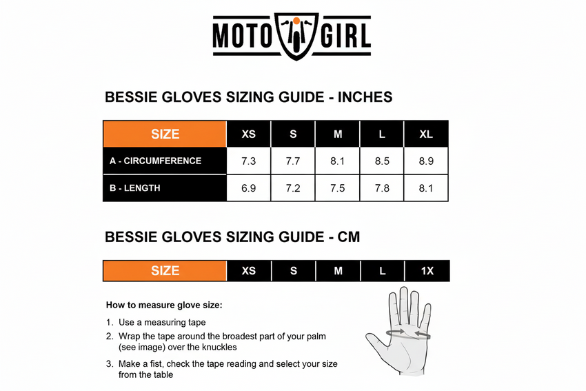 Motogirl Bessie Motorcycle Gloves size guide