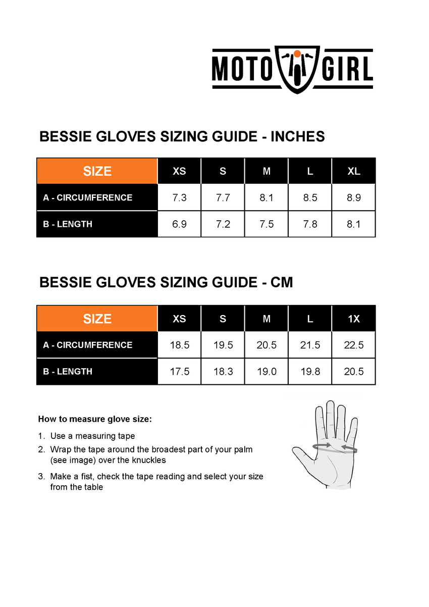 MotoGirl Bessie Gloves Sizing Guide with measurements in inches and centimeters.