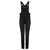 Motogirl Daisy black denim overalls on a white background