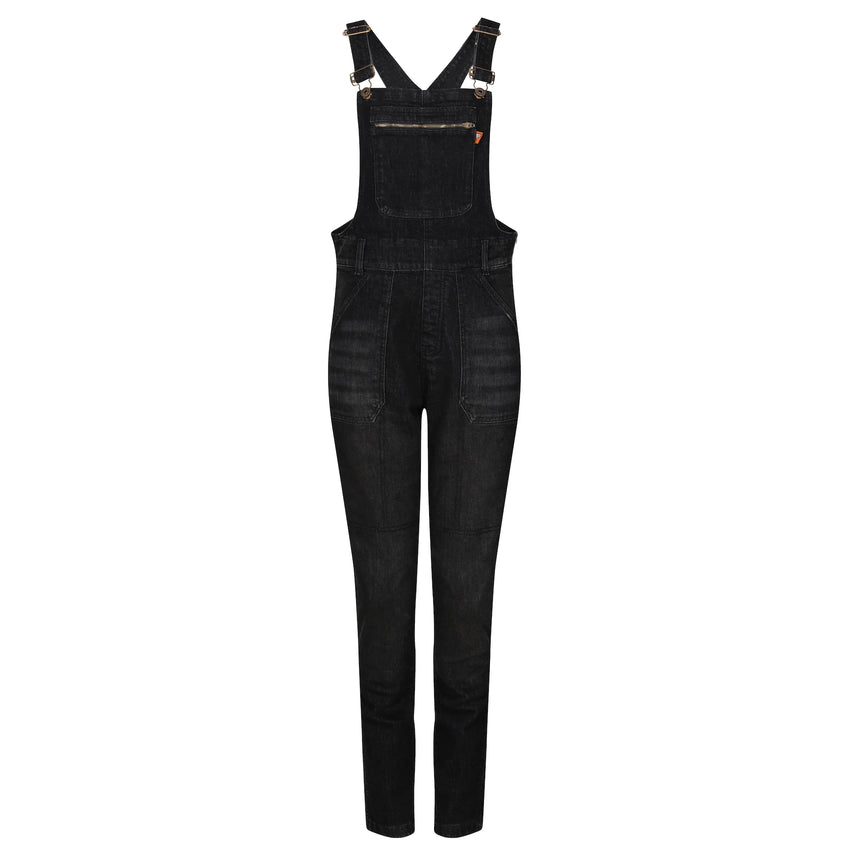 Motogirl Daisy black denim overalls on a white background