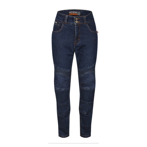 Front view of blue MotoGirl Ellie women's motorcycle jeans, featuring a high-rise double-button waistband, contrasting orange stitching, front pockets, reinforced knee panels, and slim-leg design.