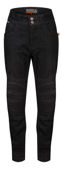 A pair of black MotoGirl ELLIE Jeans, accompanied by yellow knee and hip protectors.