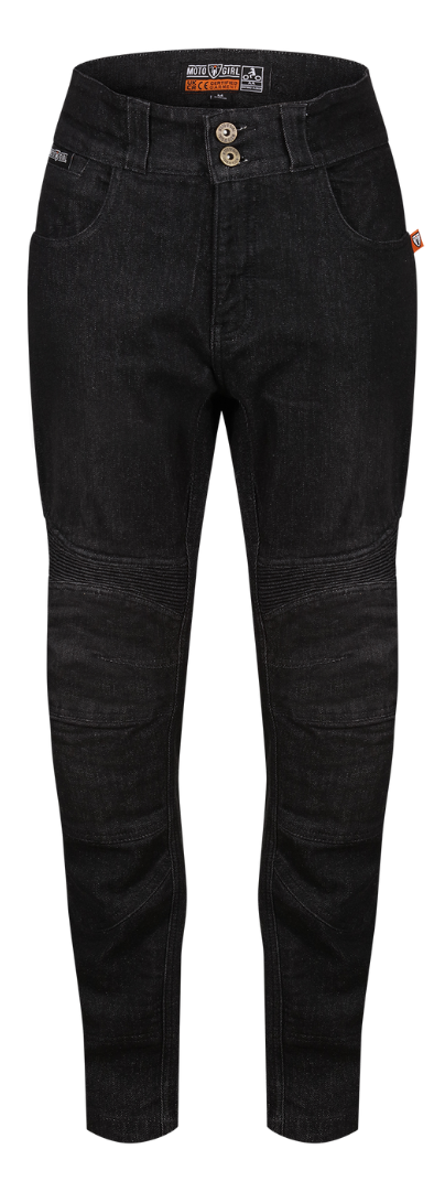 A pair of black MotoGirl ELLIE Jeans, accompanied by yellow knee and hip protectors.