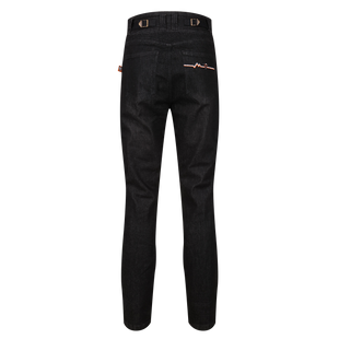 A pair of black Motogirl Ellie Motorcycle Jeans back b=view with waist adjusters and a design on back pocket