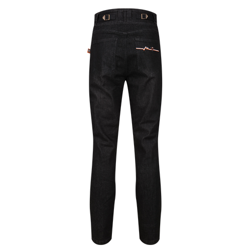 A pair of black Motogirl Ellie Motorcycle Jeans back b=view with waist adjusters and a design on back pocket