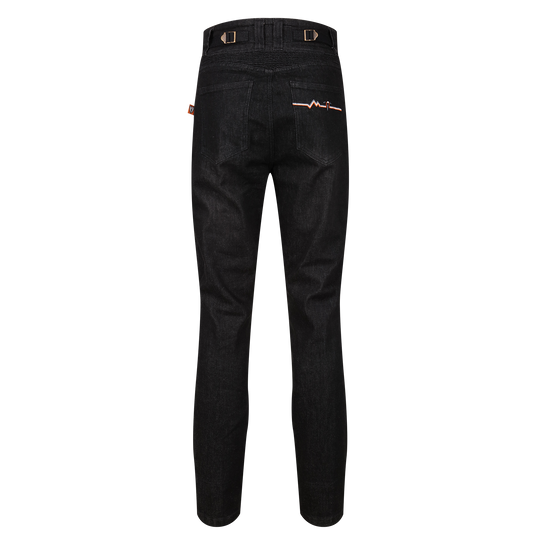 A pair of black Motogirl Ellie Motorcycle Jeans back b=view with waist adjusters and a design on back pocket