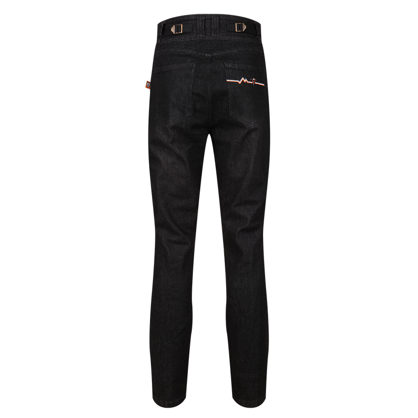 A pair of black Motogirl Ellie Motorcycle Jeans back b=view with waist adjusters and a design on back pocket