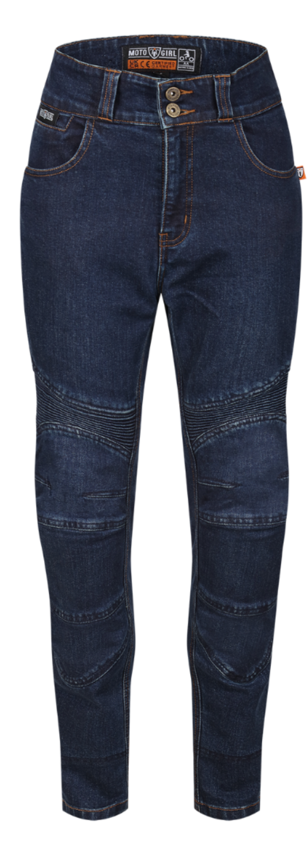 A pair of blue MotoGirl ELLIE Jeans, accompanied by yellow knee and hip protectors.