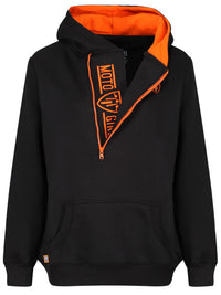 A black hoodie with orange zip and hood lining, featuring 'MOTO GIRL' text on the front in bold letters.