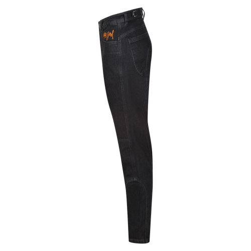 Black riding pants with a Motogirl brand logo on a white background
