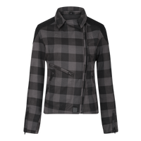 A grey and black checkered flannel jacket with YKK zip pockets and a collar, featuring D3O shoulder and elbow armor and subtle MotoGirl branding.